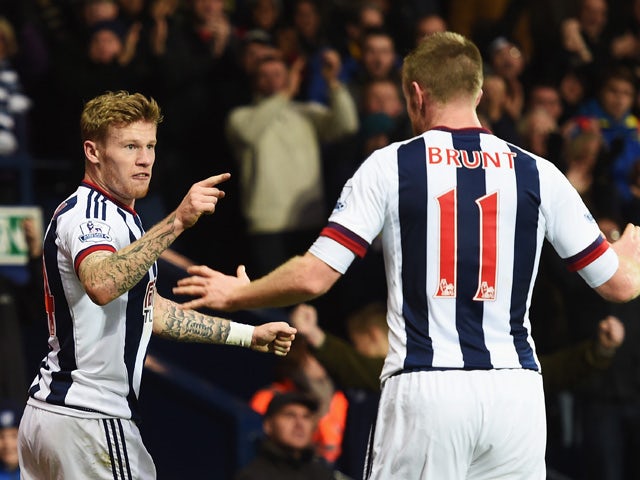James McClean (L) of West Bromwich Albion celebrates scoring his team's first goal with his team mate Chris Brunt (R) during the Barclays Premier League match between West Bromwich Albion and Tottenham Hotspur at The Hawthorns on December 5, 2015
