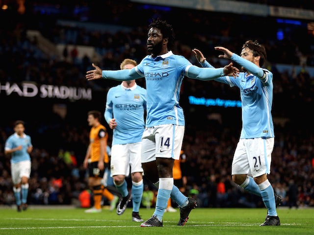 Wilfried Bony of Manchester City celebrates scoring the opening goal during the Capital One Cup Quarter Final match between Manchester City and Hull City at Etihad Stadium on December 1, 2015 in Manchester, England.