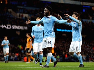 Wilfried Bony of Manchester City celebrates scoring the opening goal during the Capital One Cup Quarter Final match between Manchester City and Hull City at Etihad Stadium on December 1, 2015 in Manchester, England.