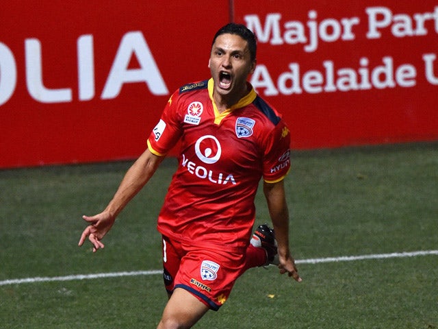 Marcelo Carrusca of United reacts after scoring a goal from a penalty kick during the round 10 A-League match between Adelaide United and Sydney FC at Coopers Stadium on December 11, 2015