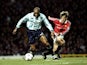 Brian Deane of Middlesbrough holds off the challenge from Philip Neville of Manchester United during the FA Carling Premiership match against Manchester United played at Old Trafford in Manchester, England 