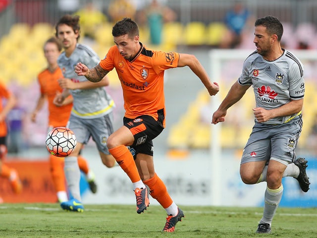 Jamie Maclaren of the Roar kicks during the round 10 A-League match between the Brisbane Roar and the Wellington Phoenix at Cazaly's Stadium on December 12, 2015