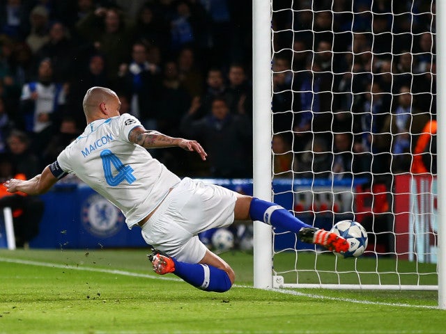 Maicon of FC Porto fails to stop Ivan Marcano Sierra of FC Porto from scoring an own goal during the UEFA Champions League Group G match between Chelsea FC and FC Porto at Stamford Bridge on December 9, 2015 in London, United Kingdom.