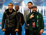 Boxer Chris Eubank Jr, his father English, promoter Eddie Hearn and boxer Gary 'Spike' O'Sullivan pose ahead of their fight during the Anthony Joshua & Dillian Whyte Head-to-Head Press Conference at the Four Seasons Hotel on December 10, 2015