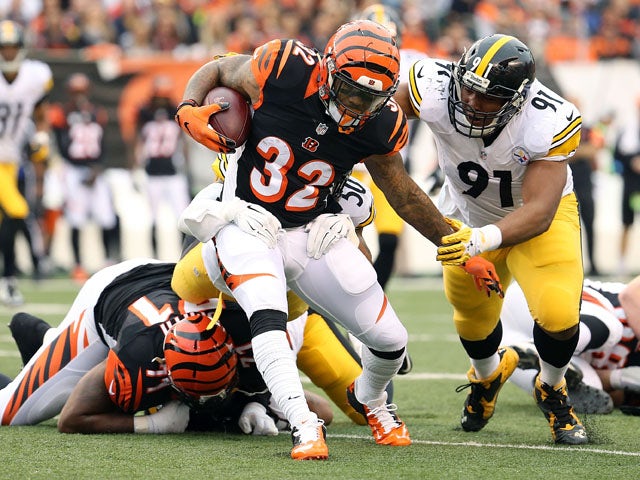 Stephon Tuitt #91 of the Pittsburgh Steelers tackles Jeremy Hill #32 of the Cincinnati Bengals during the first quarter at Paul Brown Stadium on December 13, 2015