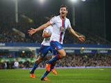Scott Dann of Crystal Palace celebrates scoring the opening goal during the Barclays Premier League match between Everton and Crystal Palace at Goodison Park on December 7, 2015