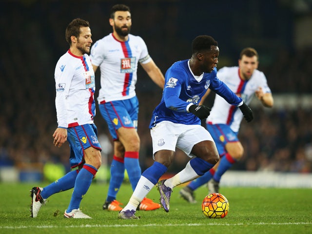 Romelu Lukaku of Everton goes past Yohan Cabaye of Crystal Palace during the Barclays Premier League match between Everton and Crystal Palace at Goodison Park on December 7, 2015