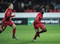 Pione Sisto of FC Midtjylland (R) reacts after scoring against Club Brugge during the UEFA Europa League group D football match between FC Midtjylland vs Club Brugge KV in Herning, Denmark on December 10, 2015