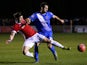 James Poole of Salford City (L) battles for the ball with Adam Jackson of Hartlepool United during the Emirates FA Cup Second Round match between Salford City and Hartlepool United at Moor Lane on December 4, 2015