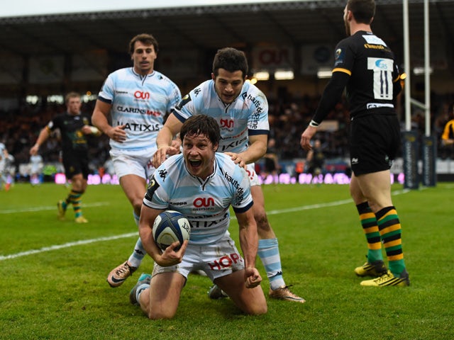 Racing player Henry Chavancy celebrates after scorinmg the first try during the European Rugby Champions Cup match between Racing Metro 92 and Northampton Saints at Stade Yves Du Manoir on December 12, 2015