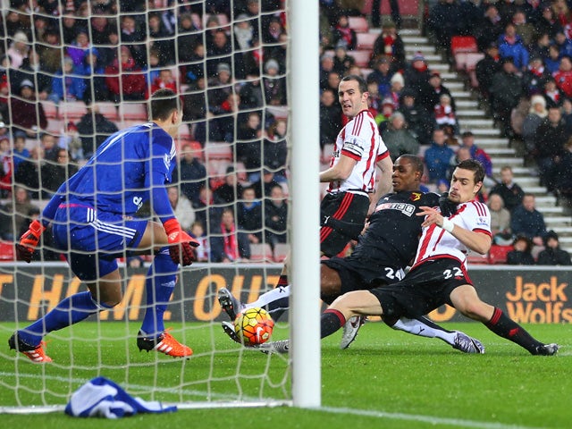 Odion Ighalo (2nd R) of Watford scores his team's first goal during the Barclays Premier League match between Sunderland and Watford at the Stadium of Light on December 12, 2015