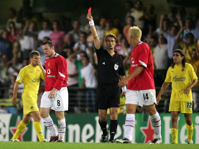 Manchester United forward Wayne Rooney is sent off during the Champions League match against Villarreal on September 14, 2005