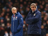 Arsenal manager Arsene Wenger and opposite number Manuel Pellegrini of Manchester City during the Premier League match on January 18, 2015