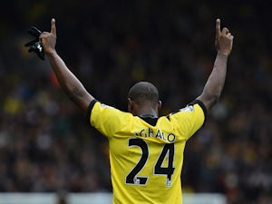 Odion Ighalo celebrates scoring Watford's second against Liverpool on December 20, 2015
