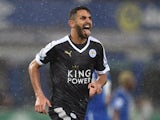 Riyad Mahrez celebrates scoring Leicester's second from the penalty spot against Everton on December 19, 2015
