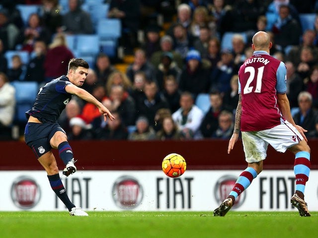 Aaron Cresswell fires in for West Ham against Aston Villa on December 26, 2015