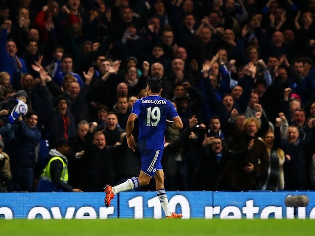 Diego Costa celebrates scoring Chelsea's second against Watford on December 26, 2015