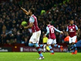 Jordan Ayew celebrates scoring a penalty for Aston Villa against West Ham on December 26, 2015