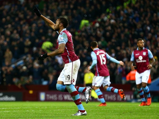Jordan Ayew celebrates scoring a penalty for Aston Villa against West Ham on December 26, 2015