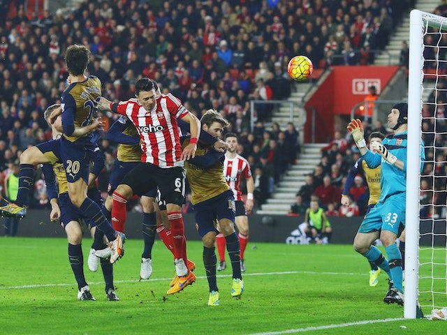 Jose Fonte heads in Southampton's third against Arsenal on December 26, 2015