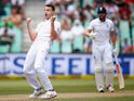South Africa's Morne Morkel delights in taking the wicket of England's Chris Woakes on December 27, 2015
