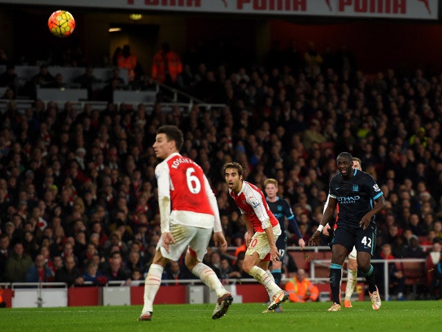 Yaya Toure scores for Manchester City during their 2-1 defeat at the hands of Arsenal on December 21, 2015