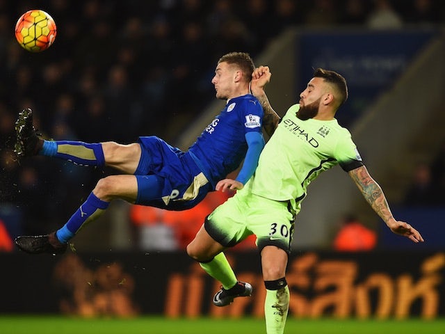 Jamie Vardy and Nicolas Otamendi in action during the game between Leicester City and Manchester City on December 29, 2015