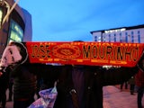 Jose Mourinho Manchester United scarves for sale outside Old Trafford on December 28, 2015