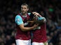 Goal scorers Michail Antonio and huge Andy Carroll celebrate during West Ham's win over Southampton on December 28, 2015