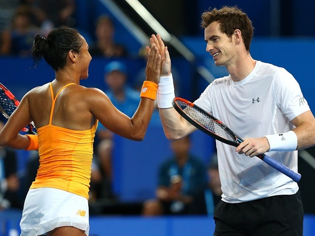 Heather Watson and Andy Murray of Great Britain celebrate a point in the mixed doubles against Caroline Garcia and Kenny De Schepper of France at the 2016 Hopman Cup on January 4, 2016