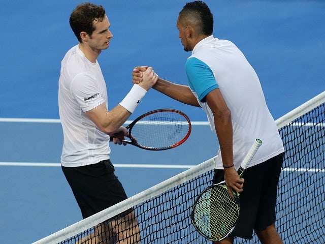 Andy Murray congratulates Nick Kyrgios on winning the men's single match during day four of the 2016 Hopman Cup on January 6, 2016