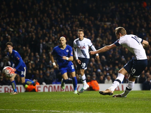  Harry Kane of Tottenham Hotspur scores a late penalty to level the scores at 2-2 during their FA Cup third-round match against Leicester City at White Hart Lane on January 10, 2016