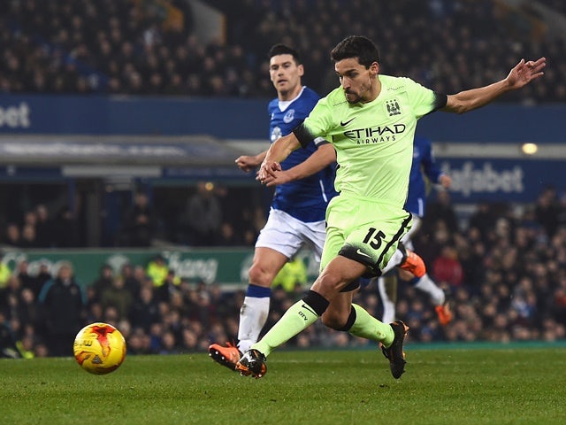 Jesus Navas equalises for Manchester City during the League Cup semi-final first leg against Everton at Goodison Park on January 6, 2016