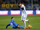 Leandro Paredes battles for the ball with Adem Ljajic during the Serie A match between Empoli and Inter Milan on January 6, 2016