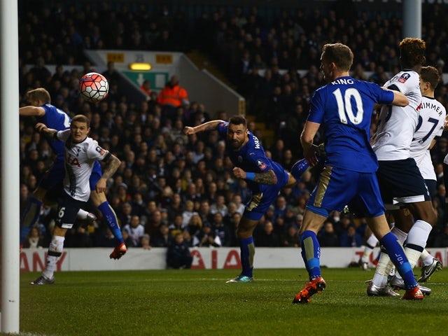 Marcin Wasilewski of Leicester City scores with a header to level the scores at 1-1 against Tottenham Hotspur on January 10, 2016