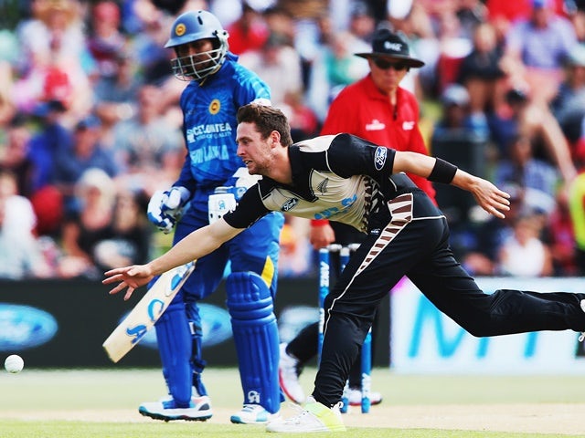 Matt Henry fields off his own bowling during the Twenty20 match between New Zealand and Sri Lanka at Bay Oval on January 7, 2016