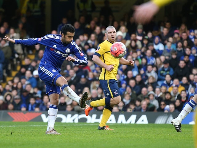 Chelsea's Pedro attempts an unsuccessful shot on goal during the FA Cup third-round match against Scunthorpe United at Stamford Bridge  on January 10, 2016