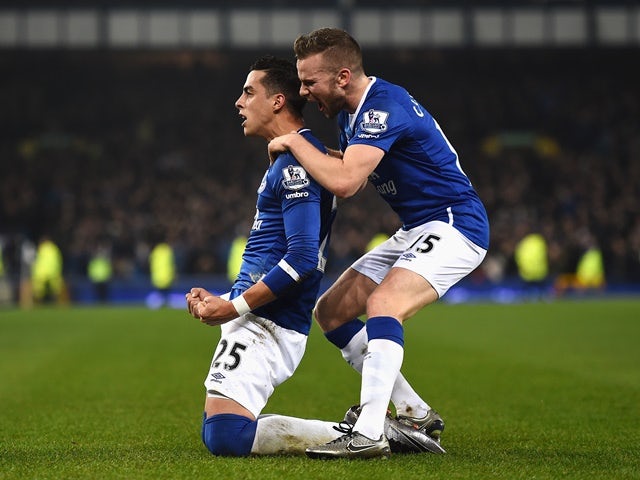 Ramiro Funes Mori of Everton celebrates scoring the opening goal during the Capital One Cup semi-final first leg against Manchester City at Goodison Park on January 6, 2016