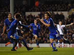 Shinji Okazaki of Leicester City celebrates after scoring his team's second goal during against Tottenham Hotspur at White Hart Lane on January 10, 2016