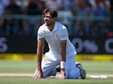 A frustrated Steven Finn gets down on all fours on day three of the second Test between South Africa and England on January 4, 2016)