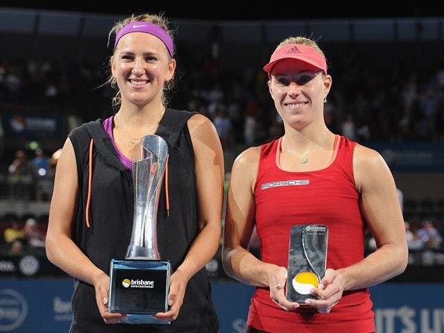 Victoria Azarenka and Angelique Kerber pose for a photo after the women's final of the Brisbane International on January 9, 2016