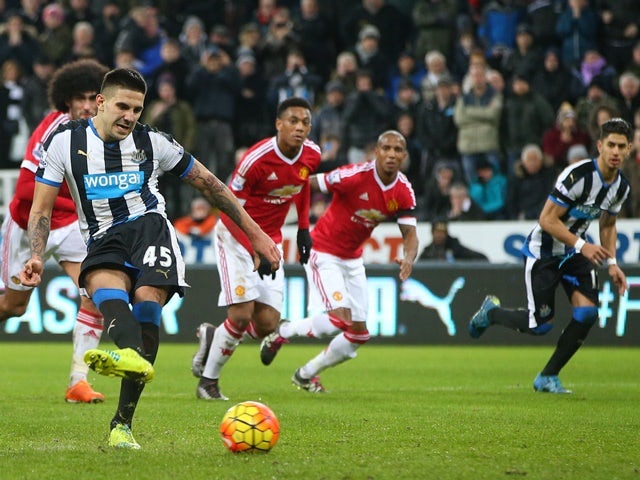 Aleksandar Mitrovic of Newcastle United scores their second and equalising goal from a penalty during the Barclays Premier League match against Manchester United at St James' Park on January 12, 2016
