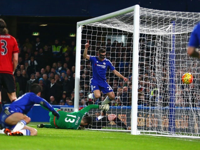 Cesar Azpilicueta celebrates scoring Chelsea's first goal against West Bromwich Albion at Stamford Bridge on January 13, 2016