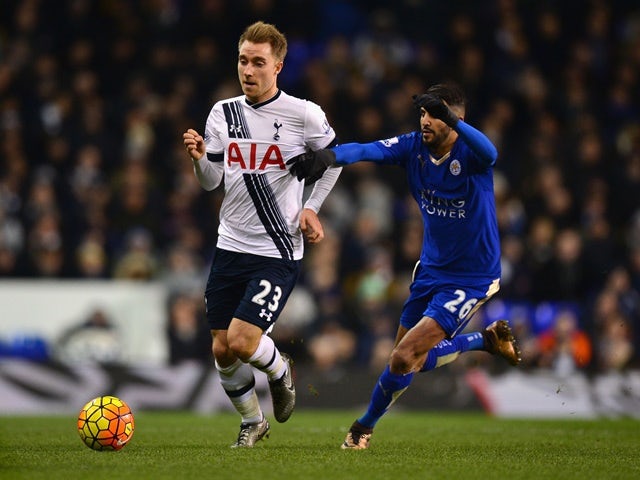 Christian Eriksen of Tottenham Hotspur and Riyad Mahrez of Leicester City compete for the ball at White Hart Lane on January 13, 2016