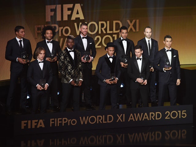 The FIFA FIFPro World XI assembles on stage at Ballon d'Or Gala 2015 at the Kongresshaus on January 11, 2016