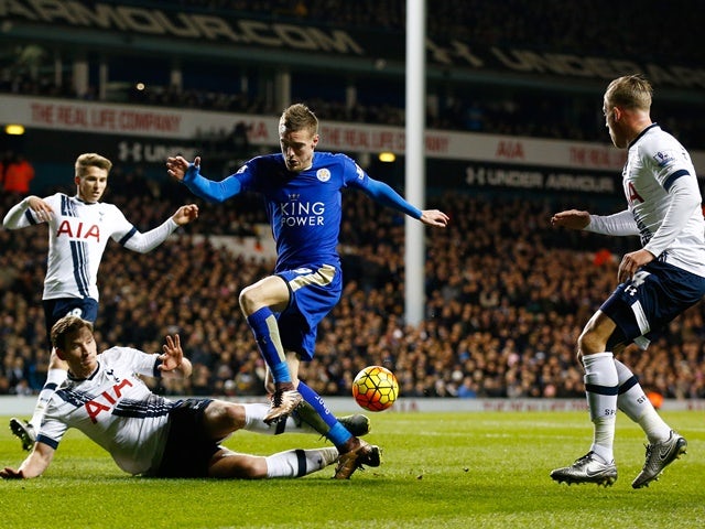 Jamie Vardy of Leicester City and Ben Davies of Tottenham Hotspur compete for the ball at White Hart Lane on January 13, 2016