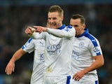 Jamie Vardy points using BOTH of his hands during the game between Aston Villa and Leicester on January 16, 2016