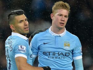 A broody Kevin de Bruyne celebrates with Sergio Aguero during the game between Man City and Crystal Palace on January 16, 2016