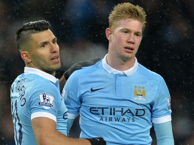 A broody Kevin de Bruyne celebrates with Sergio Aguero during the game between Man City and Crystal Palace on January 16, 2016