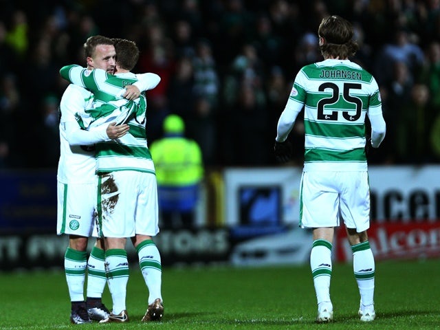 Leigh Griffiths of Celtic celebrates scoring a goal against Dundee United at Tannadice Park on January 15, 2016